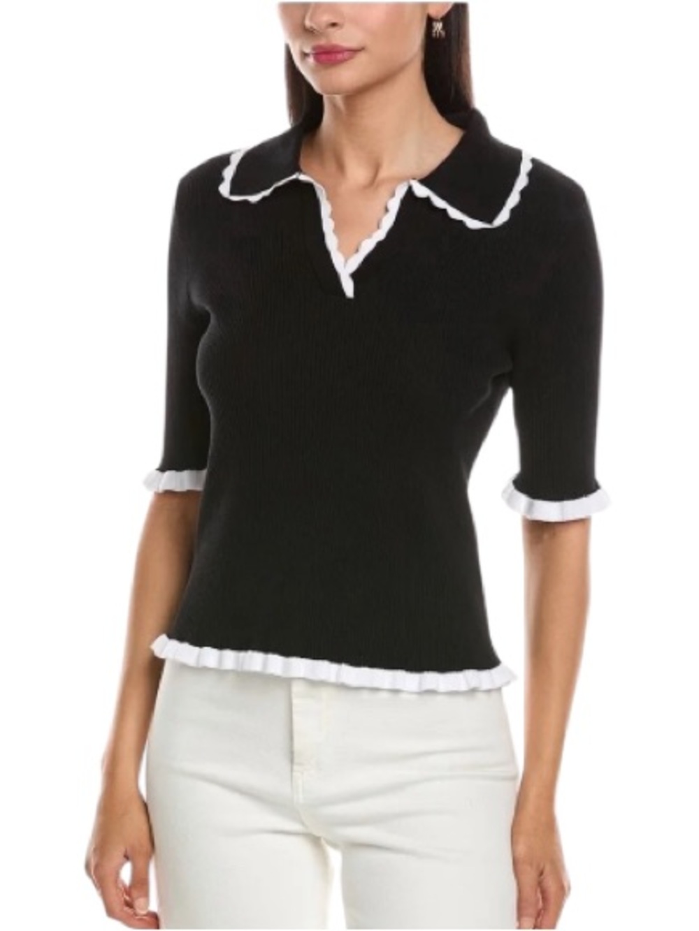 NANETTE LEPORE Women’s Scallop Trim Polo Sweater in Black and White